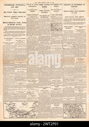 1944 The Times reporting Battle for Cherbourg, V1 rocket attacks and Red Army break Mannerheim Line Stock Photo