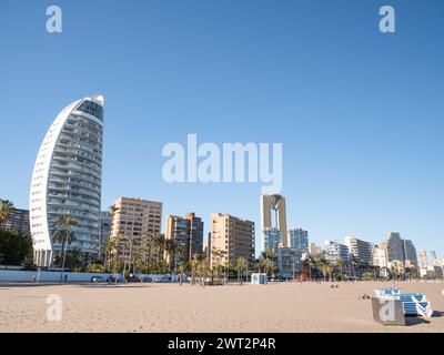 Benidorm, Spain; March 12th 2024: Poniente Beach in Benidorm, views to Delfin Tower and Intempo buildings Stock Photo