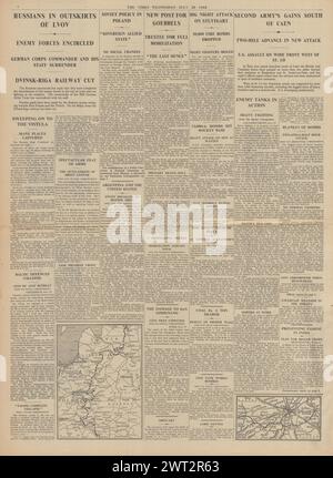 1944 The Times reporting Battle for Normandy, Red Army advance towards East Prussia, RAF bomb Stuttgart and street fighting in Lvov Stock Photo