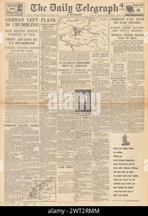 1944 The Daily Telegraph front page reporting British Army in Vire, Red Army reach Baltic coast, Warsaw Uprising and Canadian POWs shot by 12th SS in Normandy Stock Photo