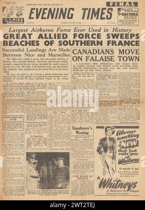 1944 Evening Times front page reporting Allies land in Southern France, Battle for Normandy and German Army retreat through the Falaise Gap Stock Photo