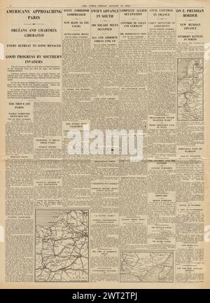 1944 The Times reporting German Army retreat in France, US Forces advance on Paris, Allies capture Orleans and Chartres and battle for Toulon and Cannes Stock Photo