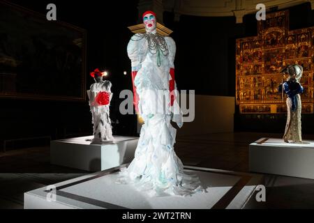 London, UK. 15 March 2024. A selection of creations at Fashion in Motion: Francesco Colucci at the V&A.  Colucci is known for curating the striking window dressings for charity retail organisation, TRAID, using donated garments and cast-offs.  Credit: Stephen Chung / Alamy Live News Stock Photo