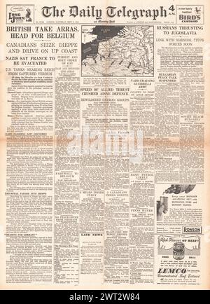 1944 Daily Telegraph front page reporting British capture Arras, Red Army advance to Yugoslavia and Allied forces capture Dieppe and Verdun Stock Photo