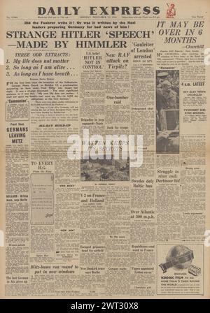 1944 Daily Express front page reporting Speech by Heinrich Himmler, Churchill predicts war over in six months and RAF bomb German battleship Tirpitz Stock Photo