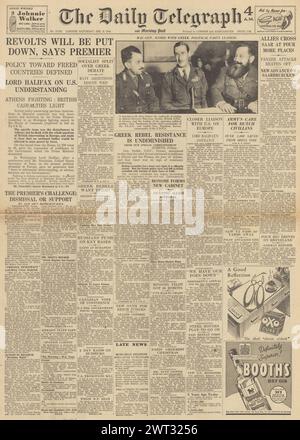 1944 The Daily Telegraph front page reporting unrest in Greece Stock Photo