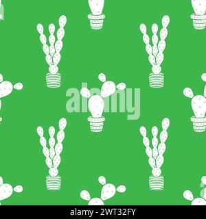 Vector seamless pattern with white cacti on a green background Stock Vector