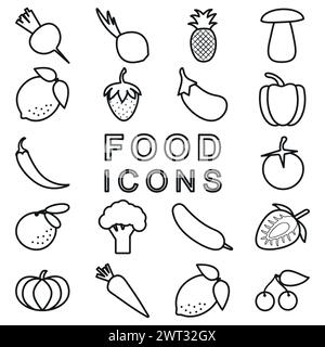 Food icons in line art style. Black and white Stock Vector