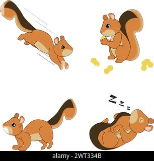 The squirrel gesture-Jump down, eat the nut, threaten and prepare to fight, sleep, cute brown squirrel, squirrel vector Stock Vector