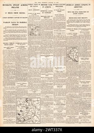 1945 The Times reporting Red Army capture Warsaw and Krakow, Battle of the Bulge and Plastirus pledges elections in Greece Stock Photo