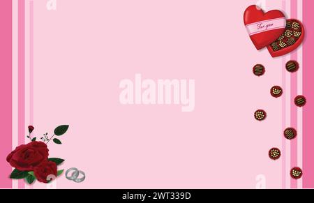 The chocolate hearts box with gift, rose and balloons on the purple banner, Stock Vector