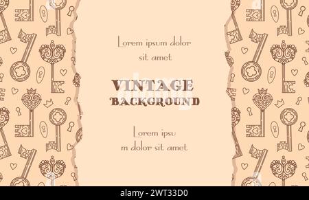 Horizontal vintage background. Torn craft paper, collage. pattern of keyholes and locks in Gothic style. Filigree, heart with crown. Magical items, fa Stock Vector