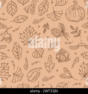 Hello, Autumn. Seamless pattern from nuts and seeds. Acorns with leaves, cedar cone, linden seeds, hazelnuts, maple lionfish seeds. doodle style. wall Stock Vector
