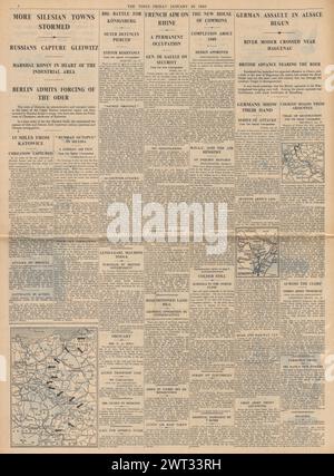 1945 The Times reporting Red Army capture Gleiwitz, German forces attack in Alsace and battle for Konigsberg Stock Photo