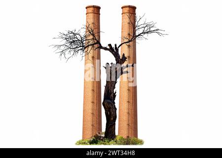 Illustration with a dry tree in the foreground and two industrial chimneys in the background. Concept of pollution, global warming and destruction. Stock Photo