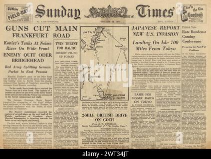 1945 Sunday Times front page reporting Battle of Iwo Jima and Red Army cut off main Frankfurt road Stock Photo