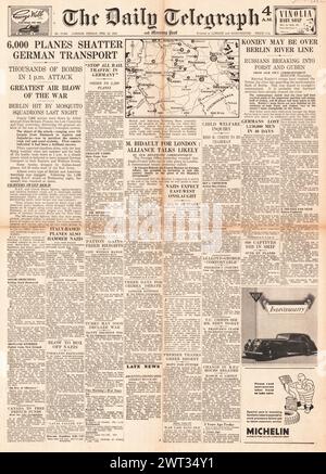 1945 The Daily Telegraph front page reporting Allied bombing of Germany, US forces at Saarburg and Red Army on the Neisse Stock Photo