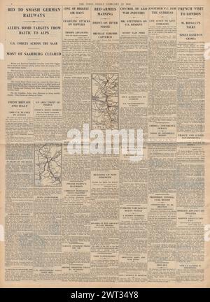 1945 The Times reporting Allied bombing of Germany, US forces at Saarburg, Red Army on the Neisse and VC awarded to Thaman Garung Stock Photo