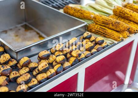 Fried chestnuts and grilled corn on the street of Istanbul, Turkey. Stock Photo