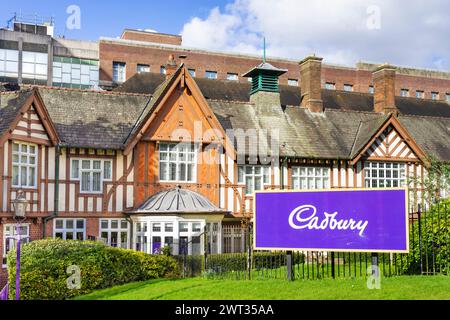 Birmingham Bournville Cadbury sign in front of the Cadbury Chocolate factory in Bournville Birmingham West Midlands England UK GB Europe Stock Photo