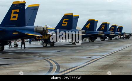 U.S. Navy Blue Angels 1-6 sit on the runway at Marine Corps Air Station (MCAS) Cherry Point, North Carolina, Sept. 23, 2021 Stock Photo