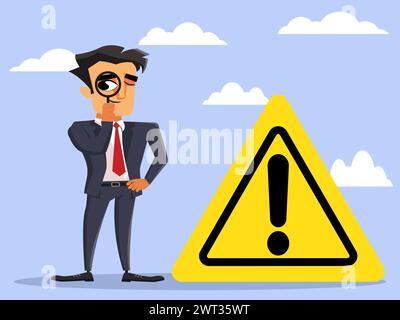 Business man looking through magnifying glass with a warning sign for a risk assessment concept Stock Vector