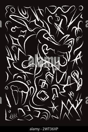 Dragon Abstract doodle illustration Brush stroke Street art Greeting card White chalk hand-drawn illustration Isolated on a black background Stock Vector