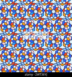 Seamless pattern Stained glass window Kaleidoscope colorful pattern. Mosaic vector illustration. Isolated on a light blue background. Stock Vector