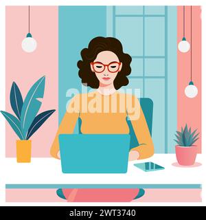 A young woman sits at a desk in a modern office, working on a laptop Stock Vector