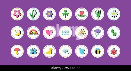Neobrutalism springtime symbols in rounds Stock Vector