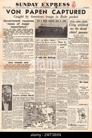 1945 Sunday Express front page reporting Capture of Von Papen and Battle of Berlin Stock Photo