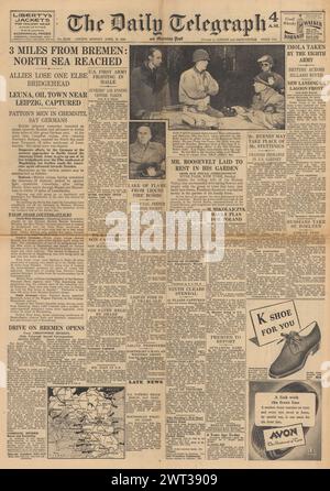 1945 The Daily Telegraph front page reporting Allied forces advance on Bremen, funeral of Roosevelt, arrest of Franz von Papen and Eighth Army capture Imola Stock Photo