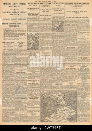 1945 The Times reporting Red Army advance on Berlin, new American President Harry Truman addresses Congress, Allies capture Groningen and battle for Nurnberg Stock Photo