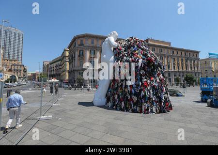 A view of the giant reproduction of Michelangelo Pistoletto's artwork Venus of the Rags, installed in Municipio square in Naples. Stock Photo