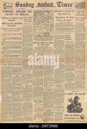 1945 Sunday Times front page reporting Battle for Berlin and Allies capture Bologna Stock Photo