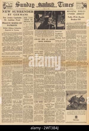 1945 Sunday Times front page reporting Germans surrender in Norway, Montgomery accepts surrender on Luneberg Heath and Partisans take control of Prague Stock Photo