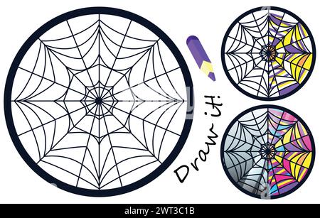 Wednesday window linear coloring on a white background. Stock vector illustration of a colored glass mosaic for painting with pencils. Stock Vector