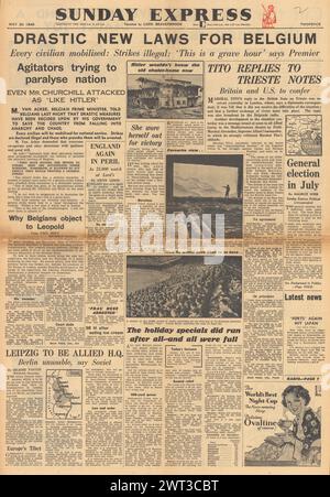 1945 Sunday Express front page reporting New laws for Belgium, Allies to rule from Leipzig and Tito replies to Trieste notes Stock Photo