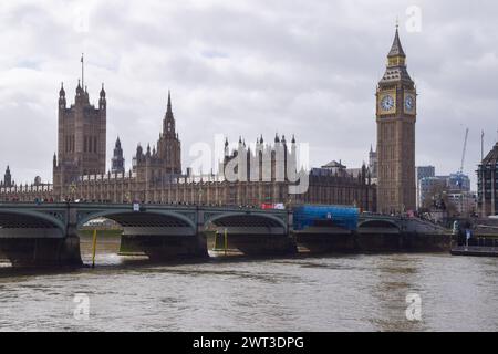 London, UK. 15th Mar, 2024. General view of the Houses of Parliament, River Thames and Westminster Bridge as MPs' pay is set to increase by 5.5 percent from April. (Photo by Vuk Valcic/SOPA Images/Sipa USA) Credit: Sipa USA/Alamy Live News Stock Photo