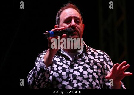 Trist Curless, singer of The Manhattan Transfer, during the concert at the Pomigliano Jazz Festival, in the Roman amphitheater of Avella. Stock Photo