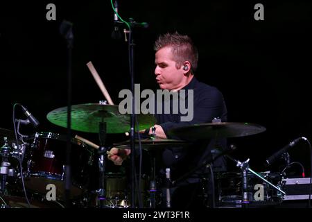 Ross Pederson, drummer of The Manhattan Transfer, during the concert at the Pomigliano Jazz Festival, in the Roman amphitheater of Avella. Stock Photo