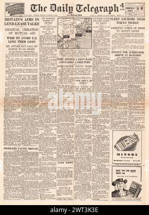 1945 Daily Telegraph front page reporting Lend Lease talks, US Third Fleet near Tokyo, Bomber Harris retires and Russo Chinese Treaty Stock Photo