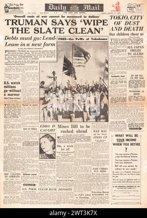 1945 Daily Mail front page reporting Lend Lease report in Congress, extensive bomb damage in Tokyo and occupation of Japan begins Stock Photo