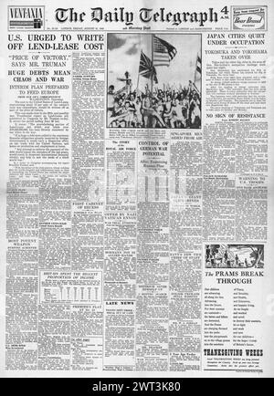 1945 The Daily Telegraph front page reporting Lend Lease report in Congress, extensive bomb damage in Tokyo and occupation of Japan begins Stock Photo