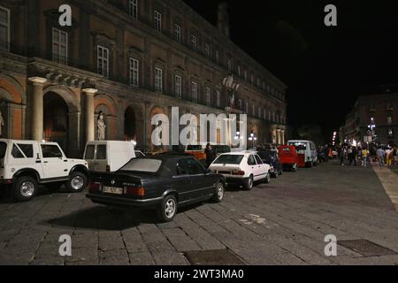 The set of the new film by Paolo Sorrentino, E’ Stata la Mano di Dio aka It was the Hand of God, in Plebiscito square, with vintage cars from the 80s Stock Photo