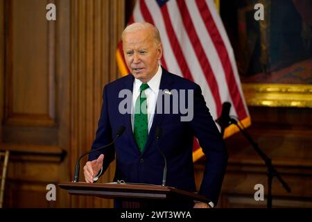 US President Joe Biden speaks during the annual 'Friends of Ireland Luncheon' hosted by Speaker Mike Johnson on Capitol Hill in Washington, DC, during the Taoiseach's visit to the US for St Patrick's Day. Picture date: Friday March 15, 2024. Stock Photo