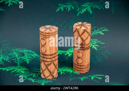 Musical traditional ethnical and tribal rhythmic idiophones made of wood with some grains or send inside, when shacked makes rhythmic sounds Stock Photo