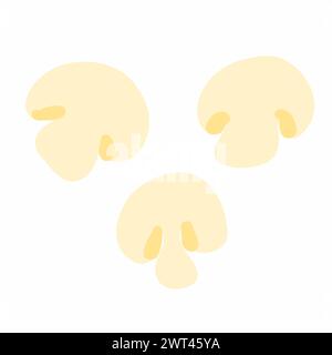 Fresh cut champignons mushrooms. Vector illustration in hand drawn cartoon flat style isolated on white background. Food, cooking. For menu, ingredien Stock Vector