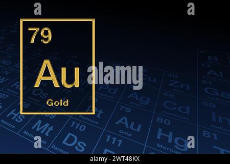 Gold, chemical element symbol with relief shape, over the periodic table in the background. Noble and precious metal with chemical symbol Au. Stock Photo