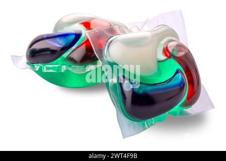 Washing gel capsule pods with laundry detergent isolated on white background with clipping path Stock Photo